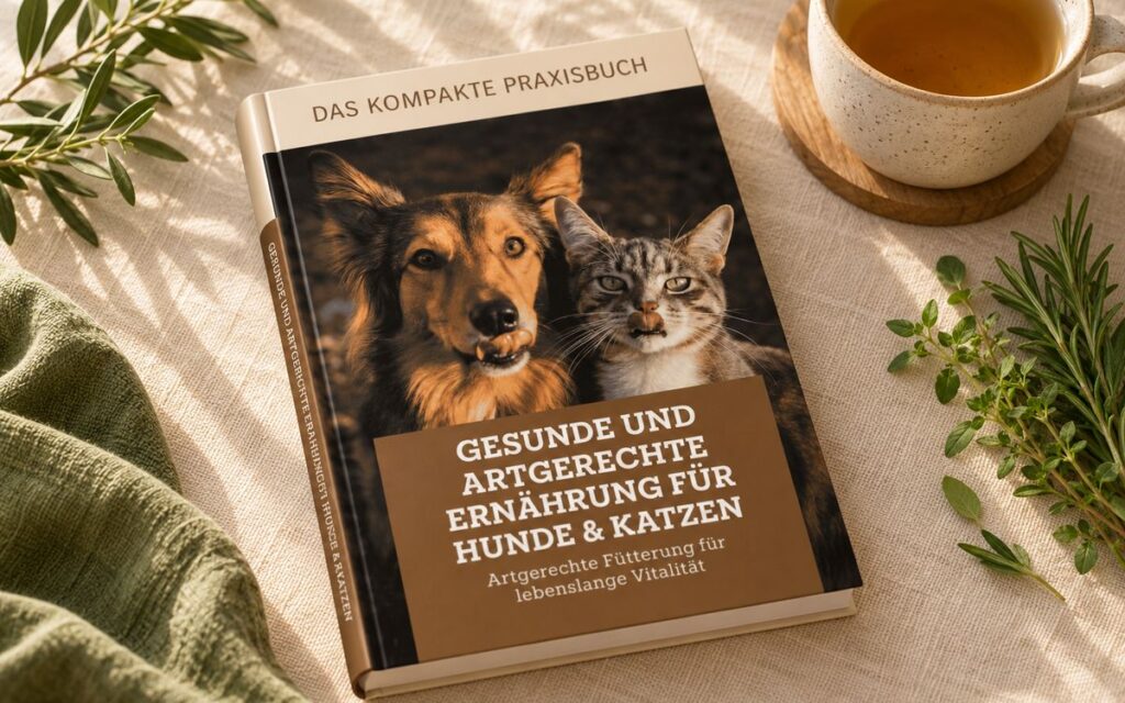 Ernährungsfibel für Hund und Katze auf einem Leinentuch mit Kräutern und Tee