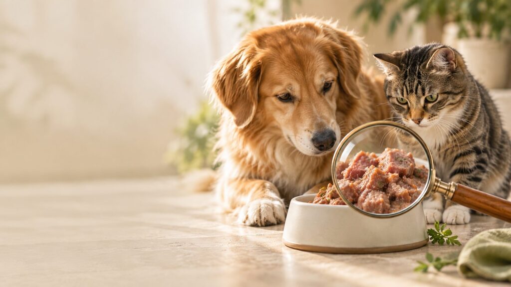 Hund und Katze schauen auf einen Futternapf, über dem eine Lupe das Futter vergrößert