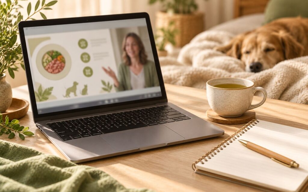 Laptop mit Online-Vortrag zur Tierernährung, im Hintergrund schläft ein Hund