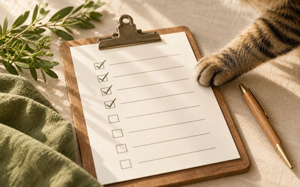 Katzenpfote auf einer Checkliste mit abgehakten Punkten